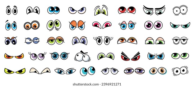 Cartoon comic eyes isolated vector set. Funny looks expressing different emotions. Kind, angry, surprised and sad, suspect, evil, loving, wow or bored eyes for characters and personages creation kit