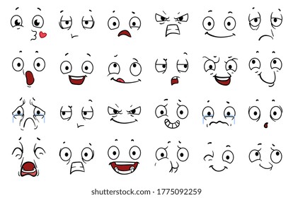 Cartoon comic faces. Expressions eye, emoji wink crazy boring and angry. Funny cute emotions character, laughter smile or scared mouth vector illustration