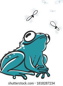 Rana cómica de dibujos animados con algunas moscas sobre fondo blanco.