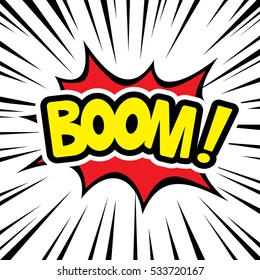 Cartoon comic graphic design for explosion blast dialog box background with sound BOOM.