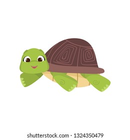 Cartoon comic green turtle lying on stomach isolated on white background