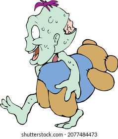 Cartoon Comic Green Zombie Walking With Teddy Bear Character Mascot Isolated Side View Vector