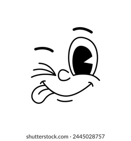 Cartoon comic groovie face winking with tongue out or funny emotion character, vector retro emoji smile. Cute silly smiling goggle eyes with naughty smirk expression in doodle line for groovy emoji