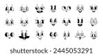 Cartoon comic groovy face emotions vector set, featuring lively expressions like joy, smile, surprise, and mischief. Whimsical characters feelings in retro funky style, monochrome personage emoticons
