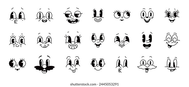 Caricatura cómica groovy face emotions conjunto de Vector, con expresiones animadas como alegría, sonrisa, sorpresa y travesura. Personajes caprichosos sentimientos en estilo funky retro, emoticones de personajes monocromos