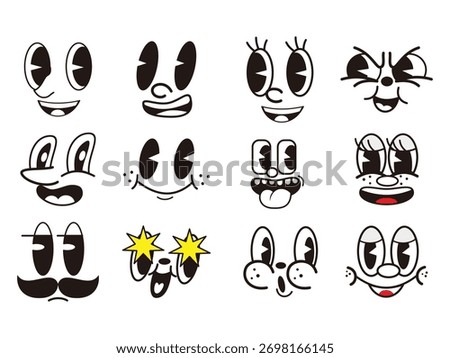 Cartoon comic groovy face emotions vector set, featuring lively expressions like joy, smile, surprise, and mischief. Whimsical characters feelings in retro funky style, monochrome personage emoticons