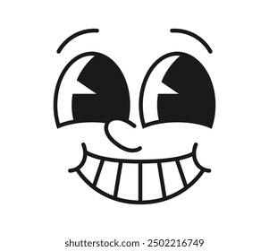 Cartoon comic groovy face with funny eyes and toothy smile. Emotion and retro cute emoji character. isolated vector happy personage with delighted facial expression. Cartoon comic smiling funky face