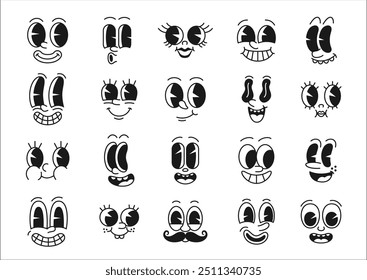 Cartoon Comic grooviges Gesicht, lustige Augen Emotion und Retro cute Emoji Zeichen Vektor-Set. Lebhafte Ausdrücke von Freude, Lächeln, Überraschung, Unfug oder Pfeifen, Lachen, erstaunt oder grinsend funky Personages