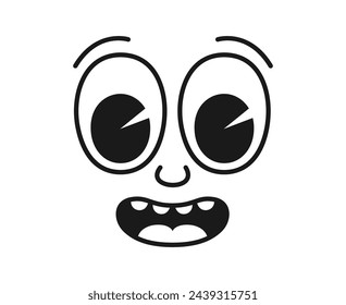 Caricatura cómica cara de sonrisa groovy, emoción de ojos divertidos y retro lindo carácter emoji. Vector aislado sorprendido o asombrado personaje irradia vibraciones positivas con la boca abierta amplia, wow expresión facial