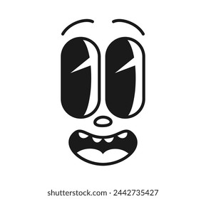 Cartoon comic groovy smile face, funny eye emotion and retro cute emoji character. Isolated vector monochrome emoticon with goggle eyes and wide open toothy mouth, radiating fun, joy and positivity