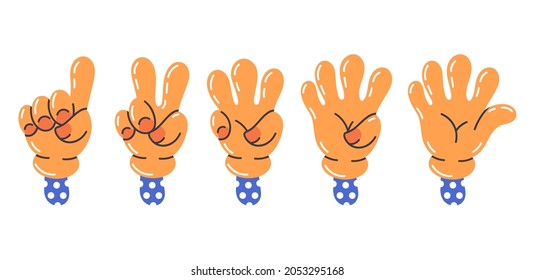 Cartoon Comic Hände. Von einem bis fünf komischen Handschuhen gezählt, doodle süße Elemente, Vektorgrafik. Abstrakte Handbuchsymbole