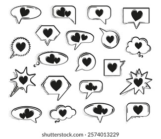 Cartoon comic heart speech bubble collection. Set of romantic speech bubble with halftone. Cartoon love cloud collection
