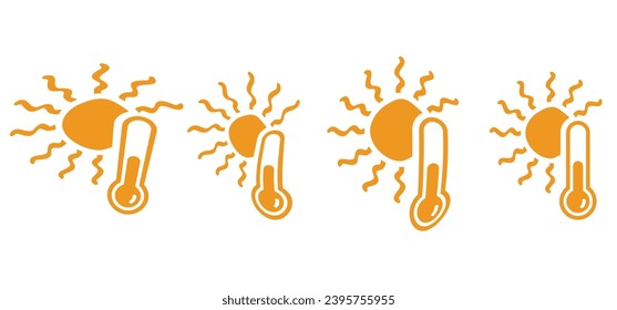 Cartoon, comic hot summer indicates icon. Weather thermometer. Vector high temperature attention sign. Sun weather thermometers icon. Sunbathe, UV factor. Sunny and rainy weather