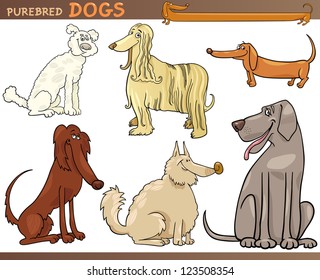 Cartoon Comic Illustration of Canine Breeds or Purebred Dogs Set