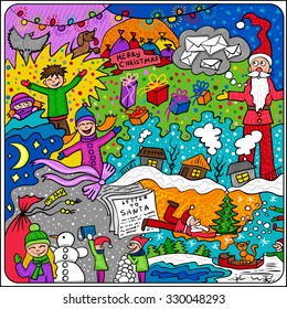 Cartoon comic illustration with Santa, kids, Christmas tree and games. Hand drawn style vector.