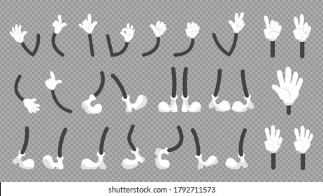 Cartoon comic legs and hands. Simple graphic, cute arm in white gloves and feet in boots or shoes. Isolated different gestures characters, retro animation kit vector illustration