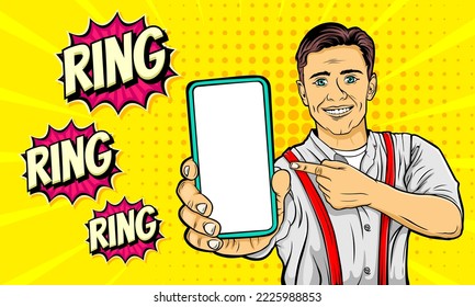 Cartoon comic man showing phone hand draw background illustration