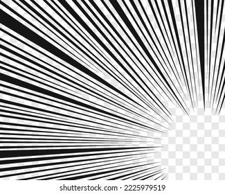 Dibujo, cómic, plantilla de énfasis de manga. Líneas negras radiales dirigidas a la esquina de la página sobre fondo transparente. Splash, boom, explosión, explosión, grito, movimiento, efecto de ráfaga. Ilustración gráfica del vector