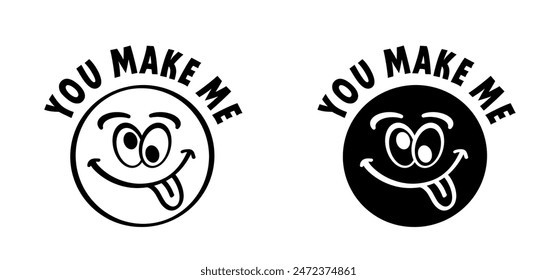 Cartoon, comic mascot, make a crazy face and love. Sticking out tongue. Silly, face. Emoji face Fun making. You make me crazy. Stupid face and crossed eyes. Funny happy eye.