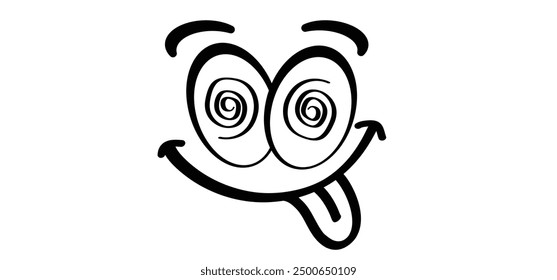 Cartoon, comic mascot, make a crazy face and love. Hypnotic eye. Sticking out tongue. Silly, face. Emoji, Teasing Fun making. You make me crazy. Stupid face and crossed eyes. Funny happy eye.