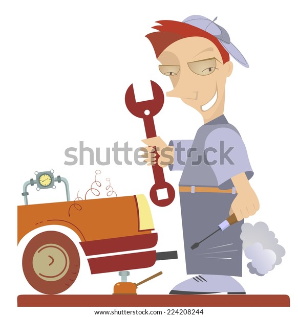 Cartoon comic mechanic\
repairs a car 