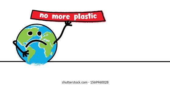 Cartoon, comic, no more plastic earth. CO2, Stop global warming effect, climate change. sos, save the world, earth or planet. Vector ocean, water logo. Slogan, quote banner. Environment saying day.