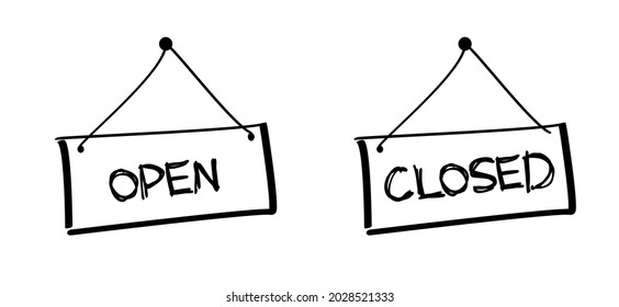 Cartoon, comic, open and closed board sign. Vector hanging tags label or button. signboard for office or store market logo.