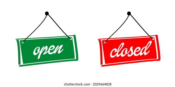 Cartoon, comic, open and closed board sign. Vector hanging tags label or button. signboard for office or store market logo. Green and red background