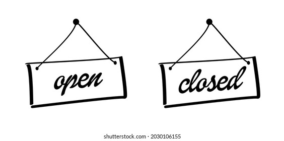 Cartoon, comic, open and closed board sign. Vector hanging tags label or button. signboard for office or store market logo. Green and red background