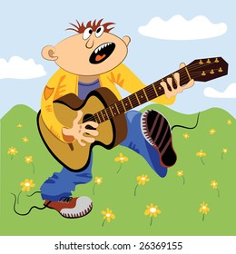 Cartoon comic personage playing guitar and singing loudly outside against green hills during summer.