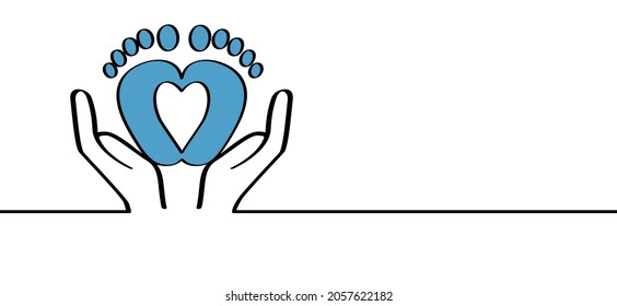 Cartoon, comic safe and foot print in hand concept. Line pattern. 
Welcome, little boy. New born, pregnant or coming soon Blue footprints with Love heart icon. Flat vector pictogram.