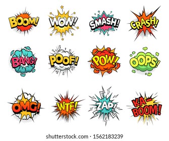 Cartoon comic sign burst clouds. Speech bubble, boom sign expression and pop art text frames. Comics mem expressions speech, superhero book bubbles label. Isolated vector symbols set svg