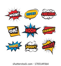 Cartoon comic sign burst clouds. Speech bubble, boom sign expression and pop art text frames.