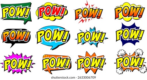 Cartoon comic sign burst clouds. Speech bubble, Pow sign expression and pop art text frames. Comics mem expressions speech, superhero book Pow label. Isolated vector symbols set