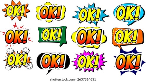 Cartoon comic sign burst clouds. Speech bubble, Oke OK sign expression and pop art text frames. Comics mem expressions speech, superhero book Oke OK label. Isolated vector symbols set