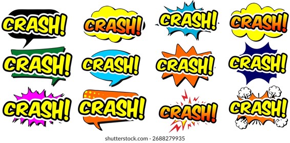 Comic-Zeichentrick zerplatzt Wolken. Sprachblase, Absturzzeichen und Pop-Art-Textrahmen. Comics Mem Ausdrücke Rede, Superhelden Buch Crash Label. Isolierte Vektorsymbole