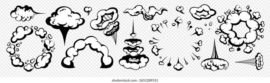 Humo cómico de dibujos animados y explosión de nube conjunto aislado sobre fondo transparente. Efectos de Vector, rastro y auge en contorno negro. Ideal para pegatinas, cómics, juegos y escenas animadas