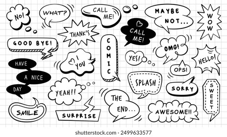 Cartoon comic speech bubble collection. Set of hand drawn doodle clouds. Retro comic speech dialogues.