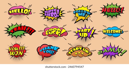 Cartoon comic speech bubble with different emotions. Vector set bright dynamic comic pop art book text clouds. Retro balloons with funny slang phrases and expressions