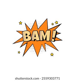 Cartoon comic speech bubble with dotted pattern and stars. BAM word comment expression sound bang effect. Vector chat message or dialogue speech frame. Emotional explosion text box POP art style