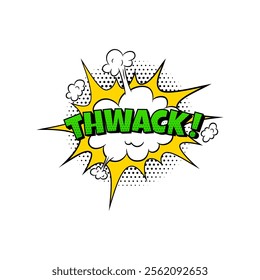 Cartoon comic speech bubble with dotted pattern. THWACK word comment expression sound bang effect. Vector chat message or dialogue speech frame Communication emotional text box POP art style