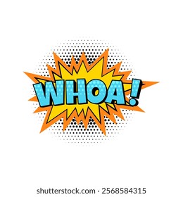 Cartoon comic speech bubble with dotted pattern and stars. WHOA word comment expression sound bang effect. Vector chat message or dialogue speech frame. Emotional explosion text box POP art style