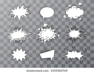 Cartoon comic speech bubbles various shapes with dotted pattern. Chat message or dialogue empty blank speech frames vector set. Communication text boxes POP art style on transparent background