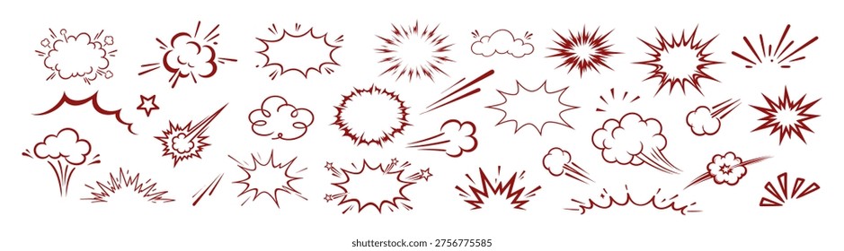 Cartoon comic speed lines, explosion effects, boom burst elements, hand drawn doodle sketch style, vector illustration set on transparent background