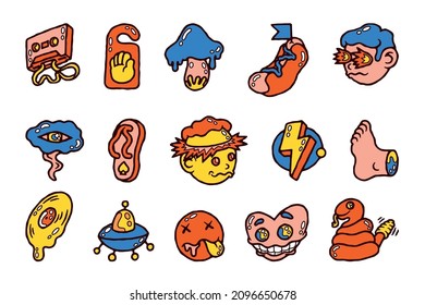 Sticker de historietas de dibujos animados. Resumen de insignias psicodélicas retro con caras de arte pop y personajes graciosos. Conjunto de pegatinas de vectores
