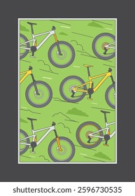 Cartoon comic style colorful mountain bike nature outdoor sport poster, banner, tee design. Full suspension bikes vector illustration