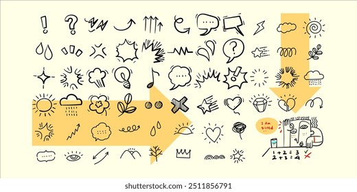 Cartoon comic style doodle sketch elements, icons set vector illustration. Line art, black isolated on white background.