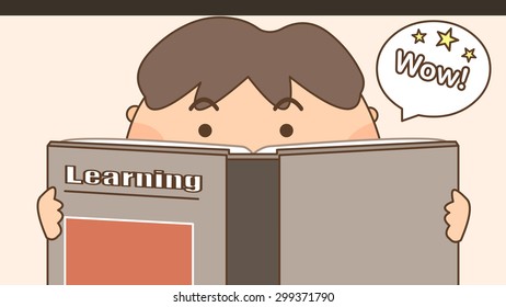 Cartoon comic style illustration of a little boy student kid child reading textbook, learn knowledge, study skill, technique, strategy. Clip arts template for elementary school education. Wow bubble.