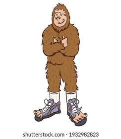 Cartoon comic style mascot of bigfoot in torn sneakers. Yeti, ape in broken shoe, boot. Vector clip art illustration isolated on white.