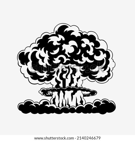 Cartoon comic style nuclear mushroom cloud illustration. Black and white vector clip art graphic.